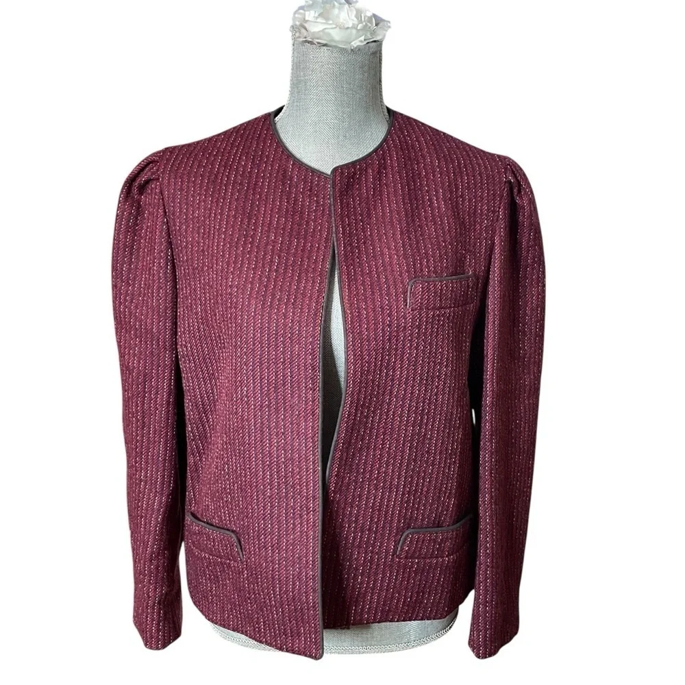 Elizabeth Arden New York wool blazer deep red tweed with black trim.